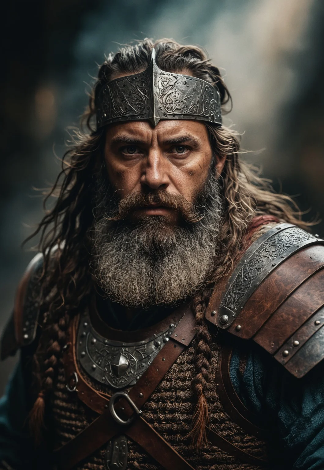 highly detailed and hyper realistic photo, by Alessio Albi , by Anni Albers , by Julian Calle , a strong fantasy dwarf warrior with a long beard and a thick armor , in the style of space art, limited dark palette, unusual dark colors, faded colors, atmospheric haze, highly dramatic cinematic lighting, motion blur, film grain, professional, excellent composition, finest details, maximized details, ultimate detail level, masterpiece, best quality