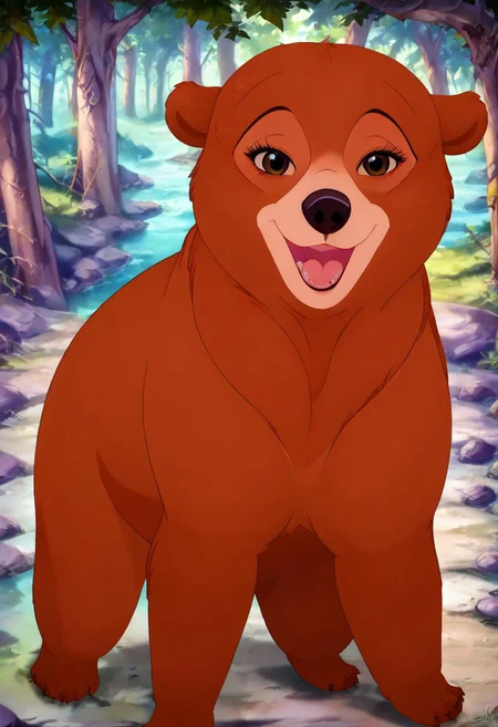Bear, cartoon, female, Nita, Disney, 2d, detailed forest background, bipedal, full body, <lora:J_cartoon:0.7>, j_cartoon, <lora:MeekoXL:0.9>, Disney, score_9, score_8_up, score_8, solo, (feral), detailed fur, ((happy expression)), ((looking at viewer seductively:1.6)), breathtaking, environmental lighting, professional, highly detailed, ((detailed shaders)), beautiful, high quality, night-time, outdoors, dark forest, <lora:Furtastic_Detailer:1>