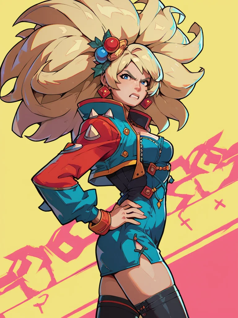 score_9, score_8_up, score_7_up, 1girl, red big hair, open jacket, black thighhighs, long sleeves, blue eyes, front, angry, from side, ornaments, idol, looking at viewer, simple colorful background, hands on hips, cowboy shot, hair ornament,
<lora:2XKO_style:1>, 2XKO, wide shot,