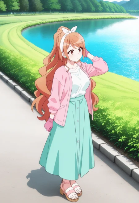 newest, masterpiece, best quality, 4k,
outdoors, riverside, very aesthetic, detailed background, full body,
1girl, solo, <lora:EikoHouzukiV2:1>e1ko_camping, orange hair, very long hair, ponytail, white hairband, brown eyes, swept bangs, jewelry, earrings, pink jacket, open jacket, white shirt, aqua skirt, long skirt,sandals,pink gloves,