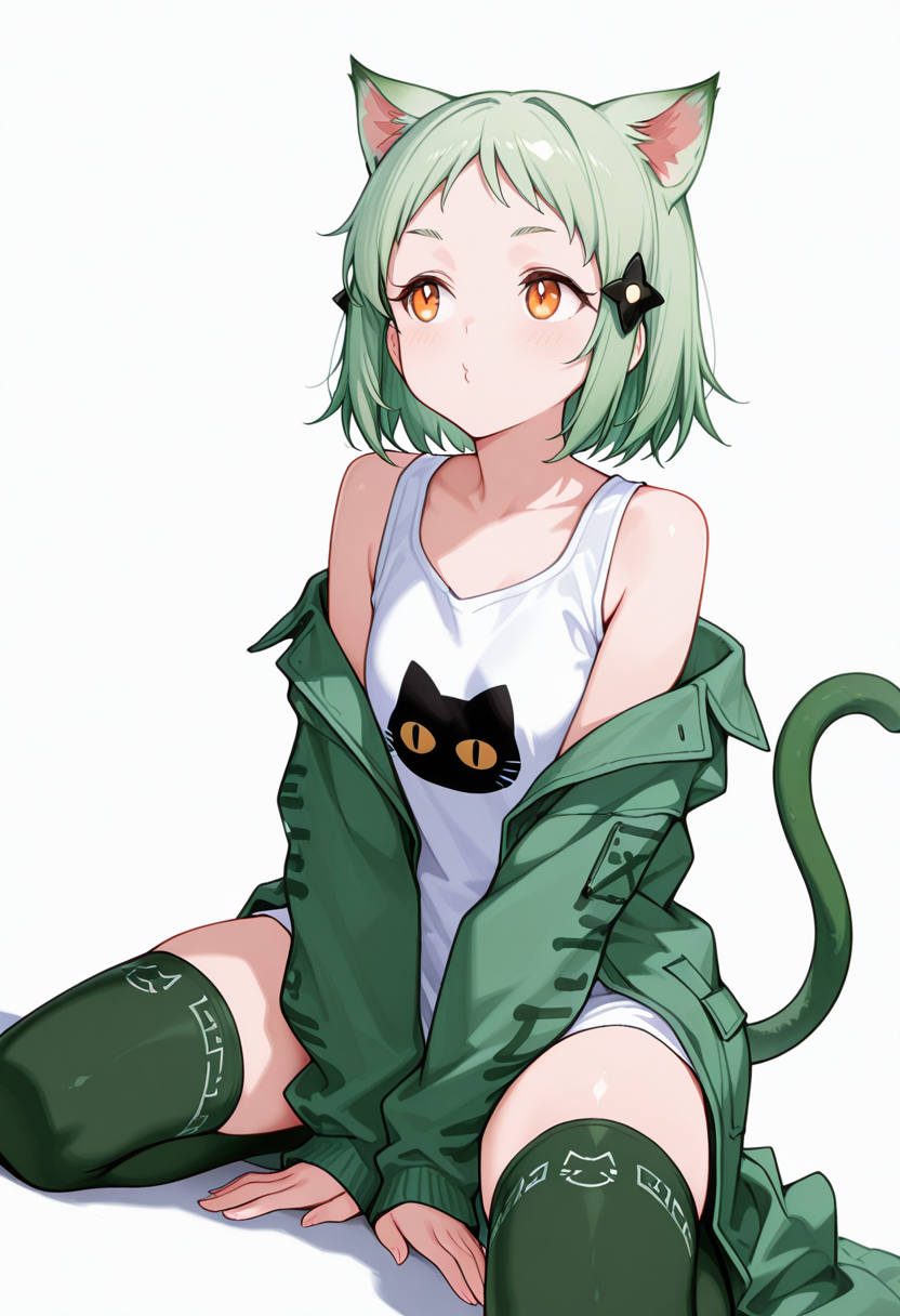 masterpiece,high quality details, absurdres, 
kneeling with thighs apart, hands resting between legs, shoulders slumped  ,
 <lora:Mao_Kusagakure:0.8>
mao_cnr, 1girl, green hair, short hair,orange eyes, cat ears,cat tail,hair ornament,, o3o,, simple background, white background, dutch angle,solo,, long coat ,print shirt,patterned stockings,  ,horn band legwear thighhighs,
