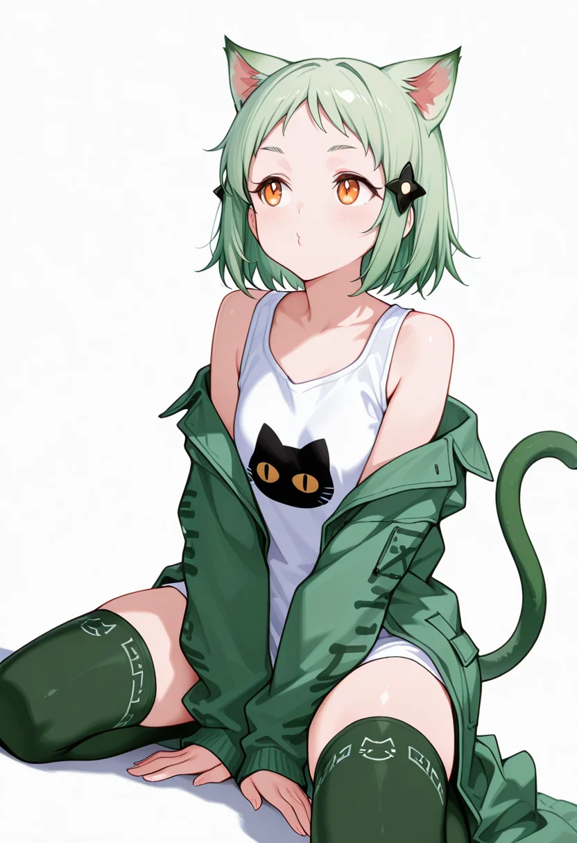 masterpiece,high quality details, absurdres,
kneeling with thighs apart, hands resting between legs, shoulders slumped ,
<lora:Mao_Kusagakure:0.8>
mao_cnr, 1girl, green hair, short hair,orange eyes, cat ears,cat tail,hair ornament,, o3o,, simple background, white background, dutch angle,solo,, long coat ,print shirt,patterned stockings, ,horn band legwear thighhighs,