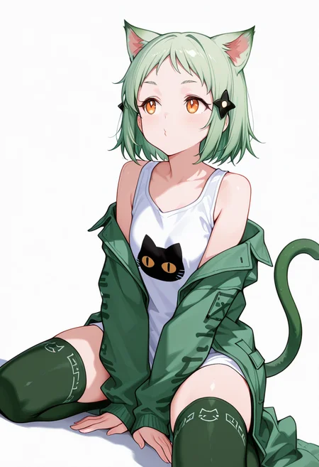 masterpiece,high quality details, absurdres,
kneeling with thighs apart, hands resting between legs, shoulders slumped ,
<lora:Mao_Kusagakure:0.8>
mao_cnr, 1girl, green hair, short hair,orange eyes, cat ears,cat tail,hair ornament,, o3o,, simple background, white background, dutch angle,solo,, long coat ,print shirt,patterned stockings, ,horn band legwear thighhighs,