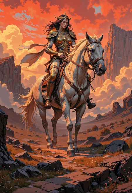 Noble queen in gilded armor, atop a white warhorse, leading an army into a crimson sunset <lora:mooniverse_by_araminta_k.safetensors:0.3>,  <lora:Fluxartis 28.11A.safetensors:1.0>,  <lora:VividlySurrealV2.safetensors:1.0>,  <lora:VividMidjourneymimic-Flux_v1.0.safetensors:0.2>,