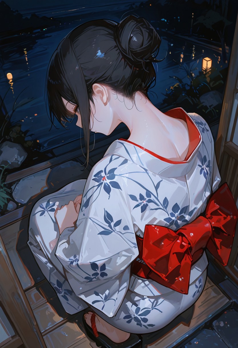 artist:, masterpiece, newest, very aesthetic, very awa, absurdres, highres, 1girl, detailed eye, noble lady, black hair, single hair bun, yukata, senkou hanabi, night, squatting, from behind, from above, neck focus