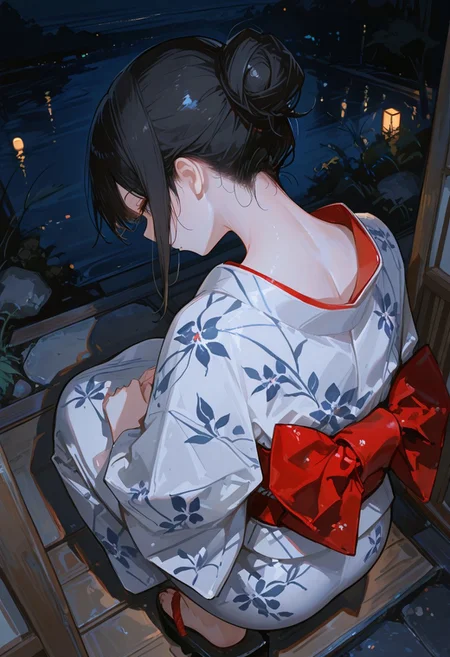 artist:, masterpiece, newest, very aesthetic, very awa, absurdres, highres, 1girl, detailed eye, noble lady, black hair, single hair bun, yukata, senkou hanabi, night, squatting, from behind, from above, neck focus