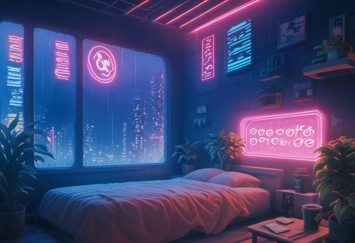 score_9,score_8_up,score_7_up,score_6_up,
steaming coffee cup on windowsill, plants on the windowsill, wall of plants, monstera plant, large plant, tidy bedrrom, small room, cramped bedroom, teddies on the bed, cyberpunk city view out of the window, neon light, purple neon lights, rain, rain outside, rain on the window