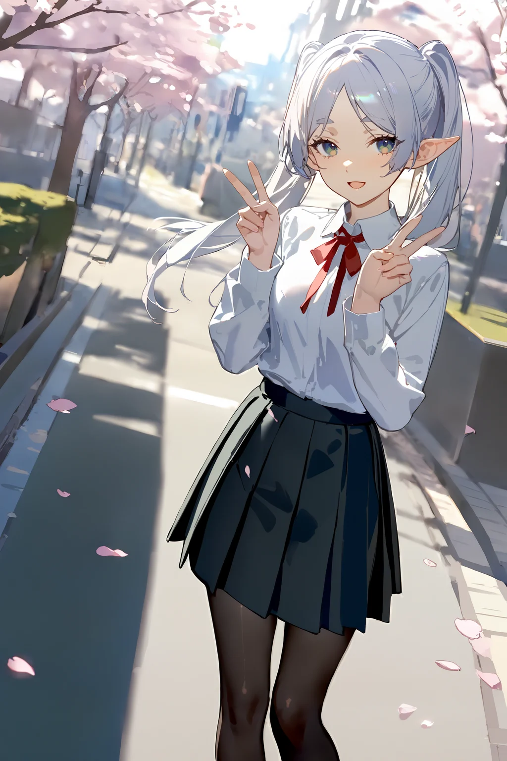 masterpiece, best quality, very aesthetic, ray tracing, newest, (hitenkei, askzy:0.4),1girl, frieren, twintails, solo, school uniform, white collared shirt, sweater, pleated skirt, pantyhose, light smile, double v, looking at viewer, smile, open mouth, outdoors, street, cherry blossoms, petals, depth of field <lora:quality1:0:hr=2>, <lora:Char-Frieren-XL-V1:0.9>