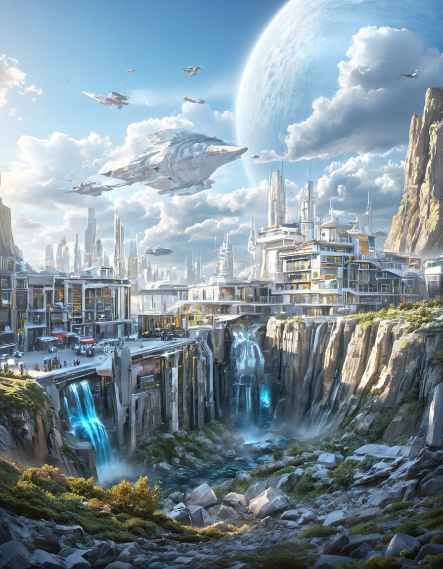 <lora:INWYTK_01a_flux:1> inwytk01flux, r1d, ye11ow, wh1te, or1nge, surrealism, a beautiful scenery with a large spaceport with many spaceships parked, huge white ship in the sky, people walking around the area. In front of it is an enormous futuristic design building made out of white and grey stone and glass. gre1n, vegetation, waterfall, river, b1own, on the top of rocky mountains