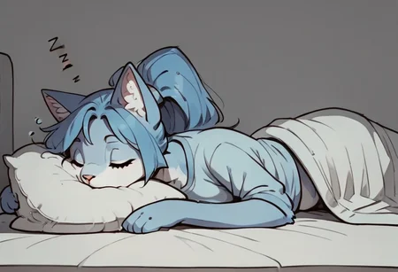 masterpiece, high resolution, high detail, highly detailed, cute girl, Audr3yc4t, blue anthro cat, blue fur, blue hair, ponytail, score_9, score_8_up, score_7_up, score_6_up, monochrome, furry, fFaceDetail, detailed eyes, 1girl, solo, laying in bed, groggy, waking up, under covers, pajamas, alarm clock, noise lines, eyes half open