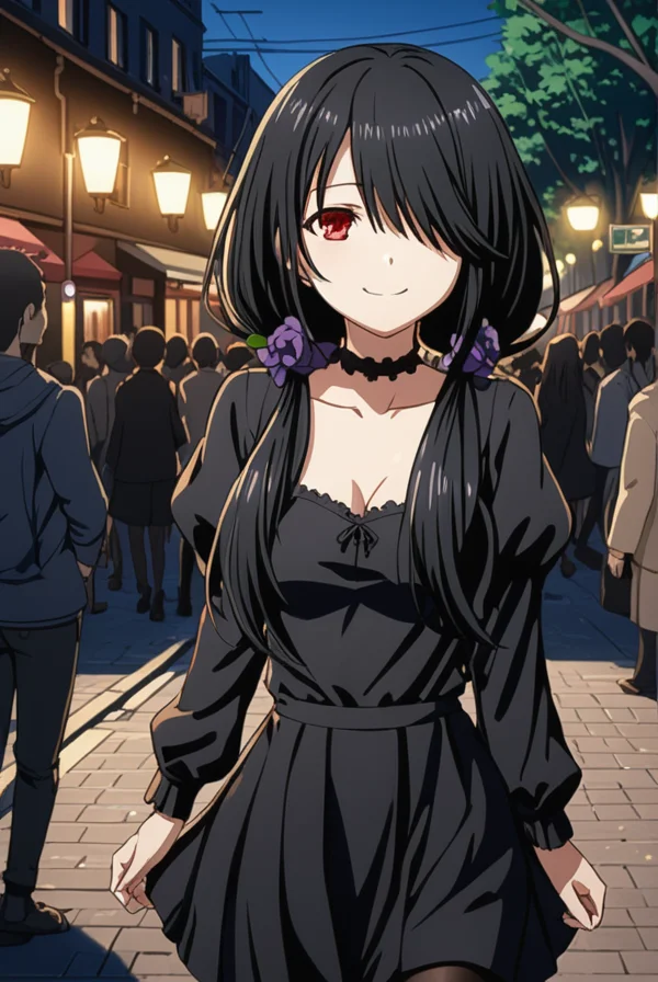 masterpiece, best quality, highres, 4k, 8k, intricate detail, cinematic lighting, amazing quality, amazing shading, soft lighting, Detailed Illustration, anime style,
kurumitokisaki, <lora:kurumi-tokisaki-s1s2-sdxl-lora-nochekaiser:0.75>,
kurumi tokisaki casual, long hair, black hair, red eyes, long sleeves, dress, pantyhose, hair over one eye, black dress, black pantyhose, puffy sleeves, choker, collarbone, skirt, black skirt, flowers, hair flowers, purple flowers, twintails, low twintails, smile,
outdoors, buildings, crowd, people, street, streetlight, trees,
looking at viewer, cowboy shot,