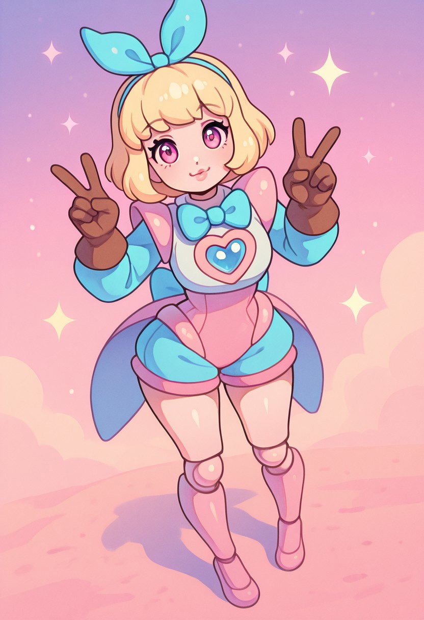 masterpiece, best quality, solo, curvy, beautiful eyes, narrow waist, wide hips, 1girl, solo, smile, looking at viewer, dynamic angle, foreshortening, close up,    1girl, solo, k4w4iim1r41, cute outfit, pastel clothes,  
angelamobile, 1girl, solo, looking at viewer, short hair, blonde hair, gloves, long sleeves, bow, ribbon, long hairband, bowtie, pink eyes, blue bow, brown gloves, full body, pink clothes, puffy lips, v, joints,