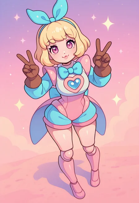 masterpiece, best quality, solo, curvy, beautiful eyes, narrow waist, wide hips, 1girl, solo, smile, looking at viewer, dynamic angle, foreshortening, close up,    1girl, solo, k4w4iim1r41, cute outfit, pastel clothes,  
angelamobile, 1girl, solo, looking at viewer, short hair, blonde hair, gloves, long sleeves, bow, ribbon, long hairband, bowtie, pink eyes, blue bow, brown gloves, full body, pink clothes, puffy lips, v, joints,