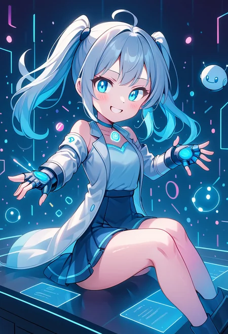 civbotchan, 1girl, sitting cross-legged on a glowing platform surrounded by colorful floating data orbs, playfully poking a holographic screen with her gauntlet, smiling brightly, her silver-blue twin ponytails bouncing, small floating robot mimicking her actions, pastel lighting with pink and cyan accents, cute anime style, soft glowing effects