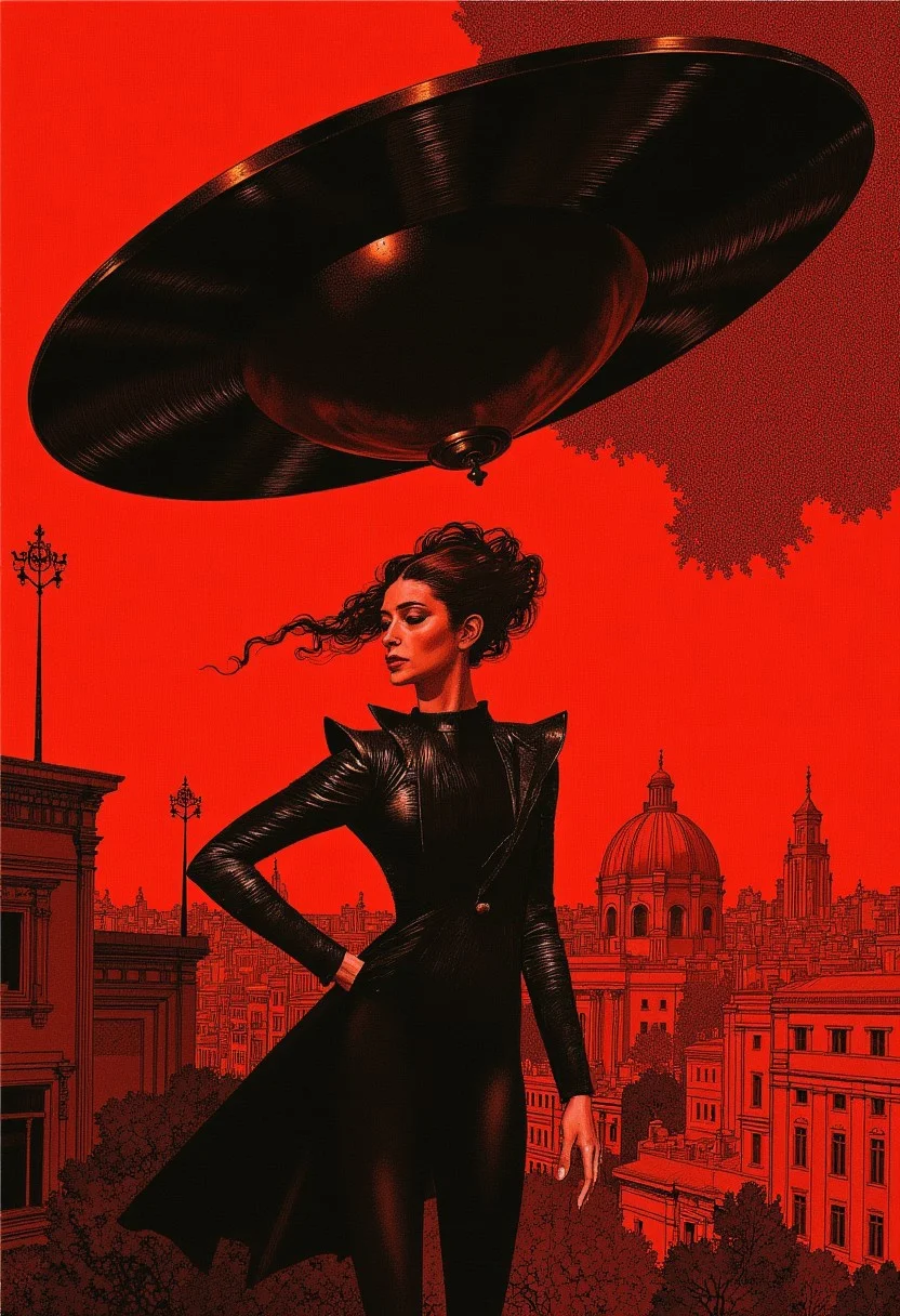 A woman in black is abducted by a flying saucer; Art by Sergio Toppi