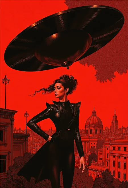 A woman in black is abducted by a flying saucer; Art by Sergio Toppi