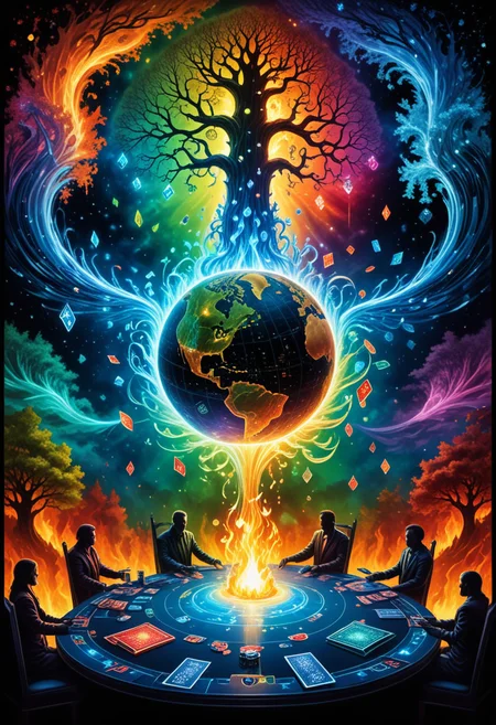 (vibrant canvas illuminated by a cascade of colorful binary code) forming the (silhouette) of a poker party, earth planet above a poker table, four elementals playing poker, one fire elemental, one water elemental, one earth elemental, one air elemental, flame, ice, frost, wind, trees, leaves, intricate details, masterpiece, best quality