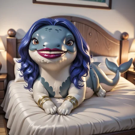 score_9, score_8_up, score_7_up, score_6_up, score_5_up, score_4_up, masterpiece, high quality, realistic, detailed, best quality, white bed, solo, rating_safe, source_furry, bedroom, lying on belly, looking at viewer, full body, close up, detailed eyes, whaletaur_cw, whale, blue hair, arms, lipstick, brown eyes, female, 1girl, feral