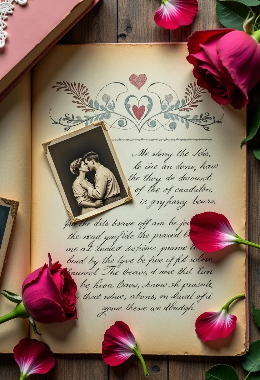 A warm, nostalgic atmosphere permeates the scene, set against a muted, earthy background of worn, cream-colored paper, as if torn from a vintage journal. Delicate, ornate valentines with intricate lace and floral patterns adorn the space, accompanied by love letters penned in elegant, cursive script on textured paper, their edges yellowed with age. Sepia-toned photographs, slightly faded and worn, peek out from behind the letters, capturing tender moments of couples from bygone eras, their faces soft and gentle, their eyes filled with affection. The overall palette is muted, with warm golden hues, soft pinks, and delicate blues, evoking a sense of romance and nostalgia. In the foreground, a few loose, crimson rose petals are scattered, adding a touch of subtle drama to the whimsical, dreamy setting., the background is a wooden oak table