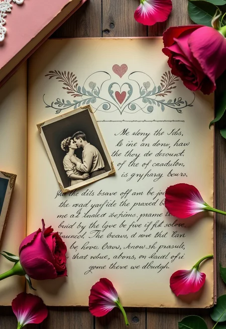 A warm, nostalgic atmosphere permeates the scene, set against a muted, earthy background of worn, cream-colored paper, as if torn from a vintage journal. Delicate, ornate valentines with intricate lace and floral patterns adorn the space, accompanied by love letters penned in elegant, cursive script on textured paper, their edges yellowed with age. Sepia-toned photographs, slightly faded and worn, peek out from behind the letters, capturing tender moments of couples from bygone eras, their faces soft and gentle, their eyes filled with affection. The overall palette is muted, with warm golden hues, soft pinks, and delicate blues, evoking a sense of romance and nostalgia. In the foreground, a few loose, crimson rose petals are scattered, adding a touch of subtle drama to the whimsical, dreamy setting., the background is a wooden oak table
