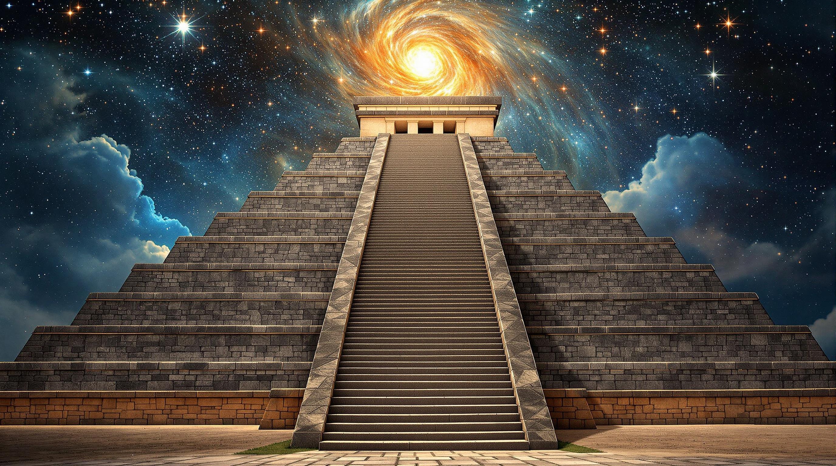 A Mayan pyramid in Yucatan, stairs ascending to the cosmos.