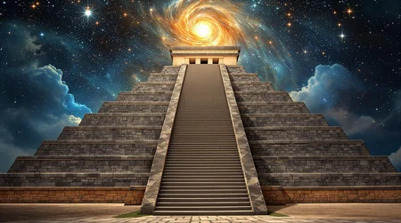 A Mayan pyramid in Yucatan, stairs ascending to the cosmos.