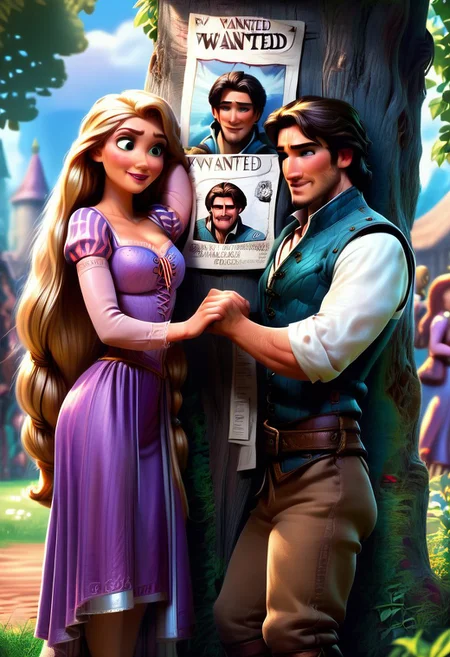 Score_9, score_8_up, score_7_up, FlynnRider, Rapunzel, 1man, 1girl, original style, realistic disney style, leaning on a tree, wanted poster with his image plastered on the trunk