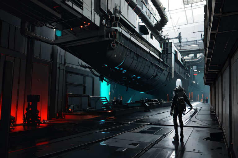 highly insanely detailed, masterpiece, top quality, best quality, highres, 4k, 8k, RAW photo, (very aesthetic, beautiful and aesthetic),  
tsutomu nihei,nihei_tsutomu,blame!,blame gakuen!,abara,TNstyle,sidonia_no_kishi,(megastructure in background,sidonia \(ship\)),ventilation fan,ventilation shaft,cables,tubes,industrial pipes,concrete walls,metal walls, 
<lora:blameLora_v10:0.6>, 
(1girl:1.3), 
solo focus, 
a colorful background,(fluorescent background),âââ