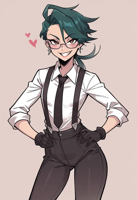 (score_9, score_8_up, score_7_up), (gorgeous, kawaii, cute, sexy, tall),
BREAK
rika_\(pokemon\),highres,earrings,reverse_trap,flat_chest, small breasts,pixie cut, glasses, l,collared_shirt,suspenders,black_gloves,black_necktie,black_pants,grey_shirt,
BREAK
posing, flirty smile, standing