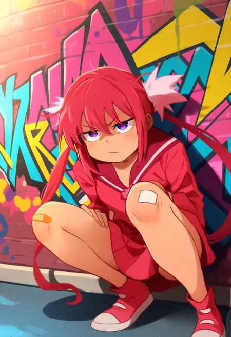 khyleri,
best quality, amazing quality, very aesthetic, absurdres,
BREAK
1girl, twintails, magical girl, red sailor outfit, colorful, graffiti, bored, slouching, squatting, legs apart, bandaid on knee, [refraction|caustics|rim lights|backlighting|bloom],  <lora:KhyleriNoobLocon_byKonan:1>