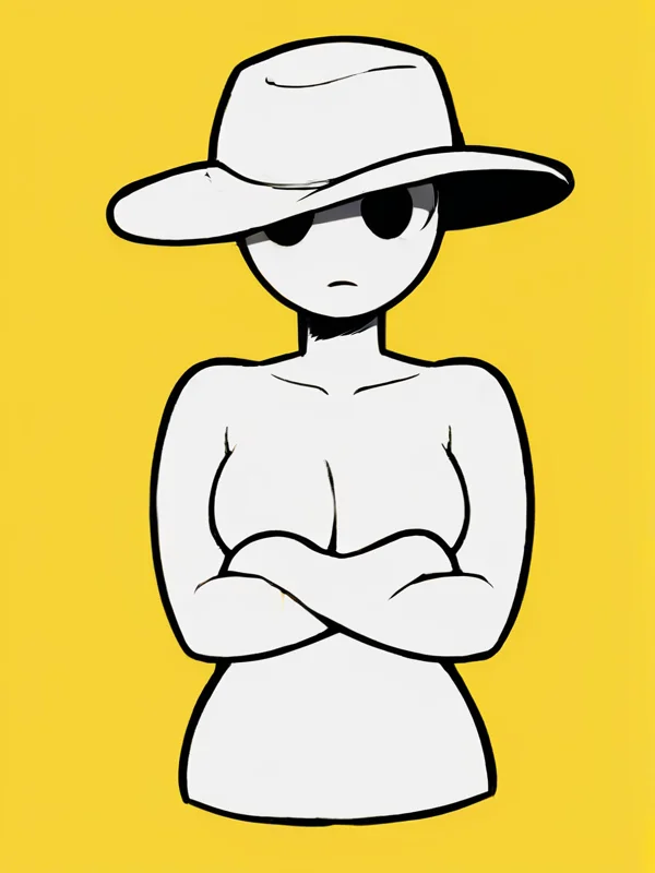<lora:wrnsignPDXL_11a:1> yellow background, black lineart, white body, flat colors, solo, upper body, humanoid, female, black eyes, empty eyes, looking at viewer, noseless, mouthless, medium breasts, crossed arms, fedora, white hat