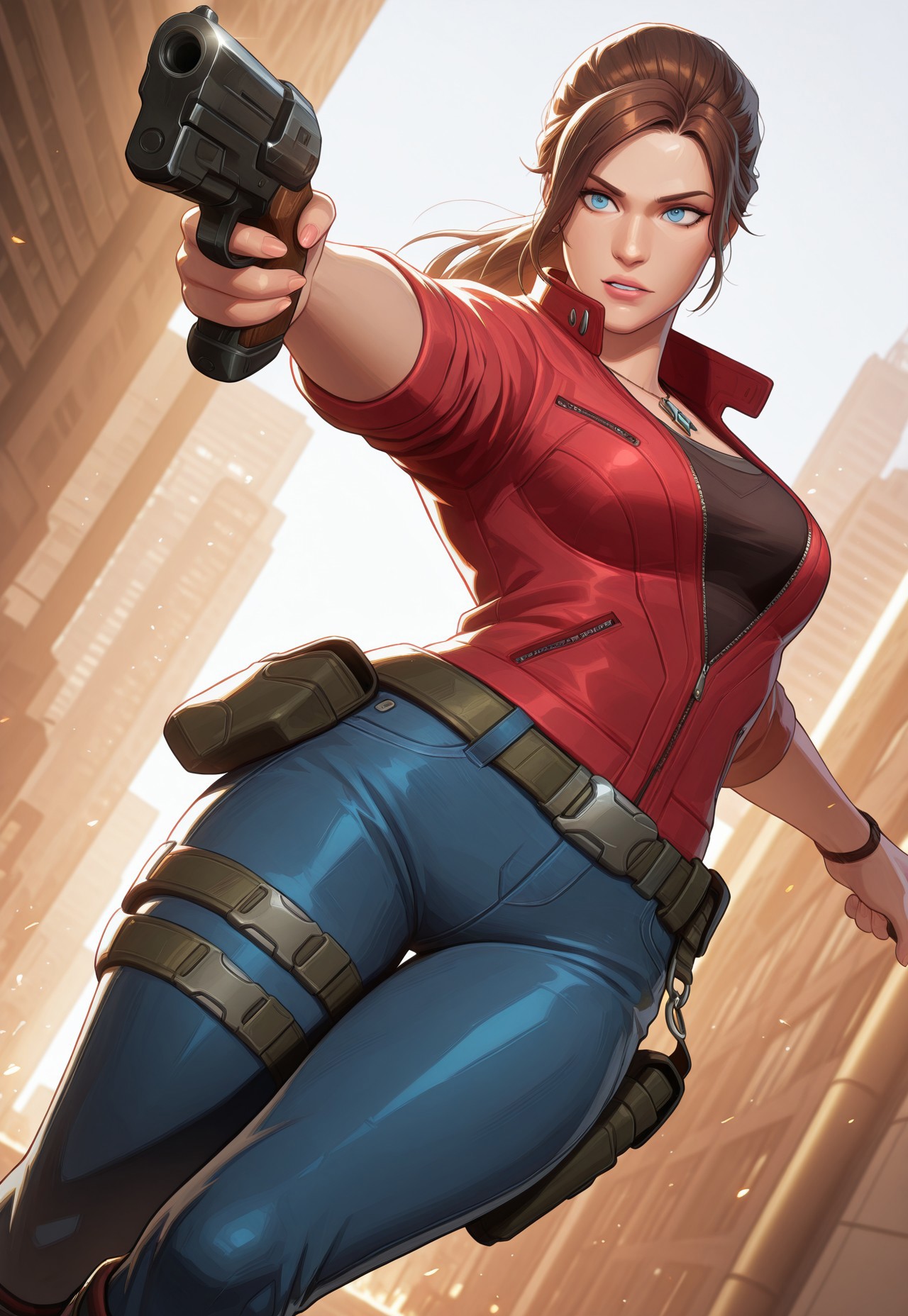 (score_9, score_8_up:1.1), score_7_up, 8k, masterpiece, high quality, extremely detailed, MarvelRivals, semi realistic, cartoon, <lora:AMarvelRivals_style-06:1>, cl4ire, medium breasts, blue eyes, brown hair, long hair, ponytail, necklace, red jacket, partially unzipped, sleeves rolled up, black tank top, jeans, boots, utility belt, holster, thigh strap, cold soft lighting, shiny skin, perfect reflection, perfect lighting, perfect shadows, perfect anatomy, perfect chest, perfect hips, perfect legs and feet, perfect hands, perfect face, perfect eyes, perfect waist, perfect body, perfect face shape, perfect mouth, perfect hair, perfect waist, best quality, detailed hair, expressive eyes, sexy, long legs, slim body, (cityscape sunny,), dynamic pose, action, action pose, action scene, holding gun, handgun, dutch angle, cowboy shot,