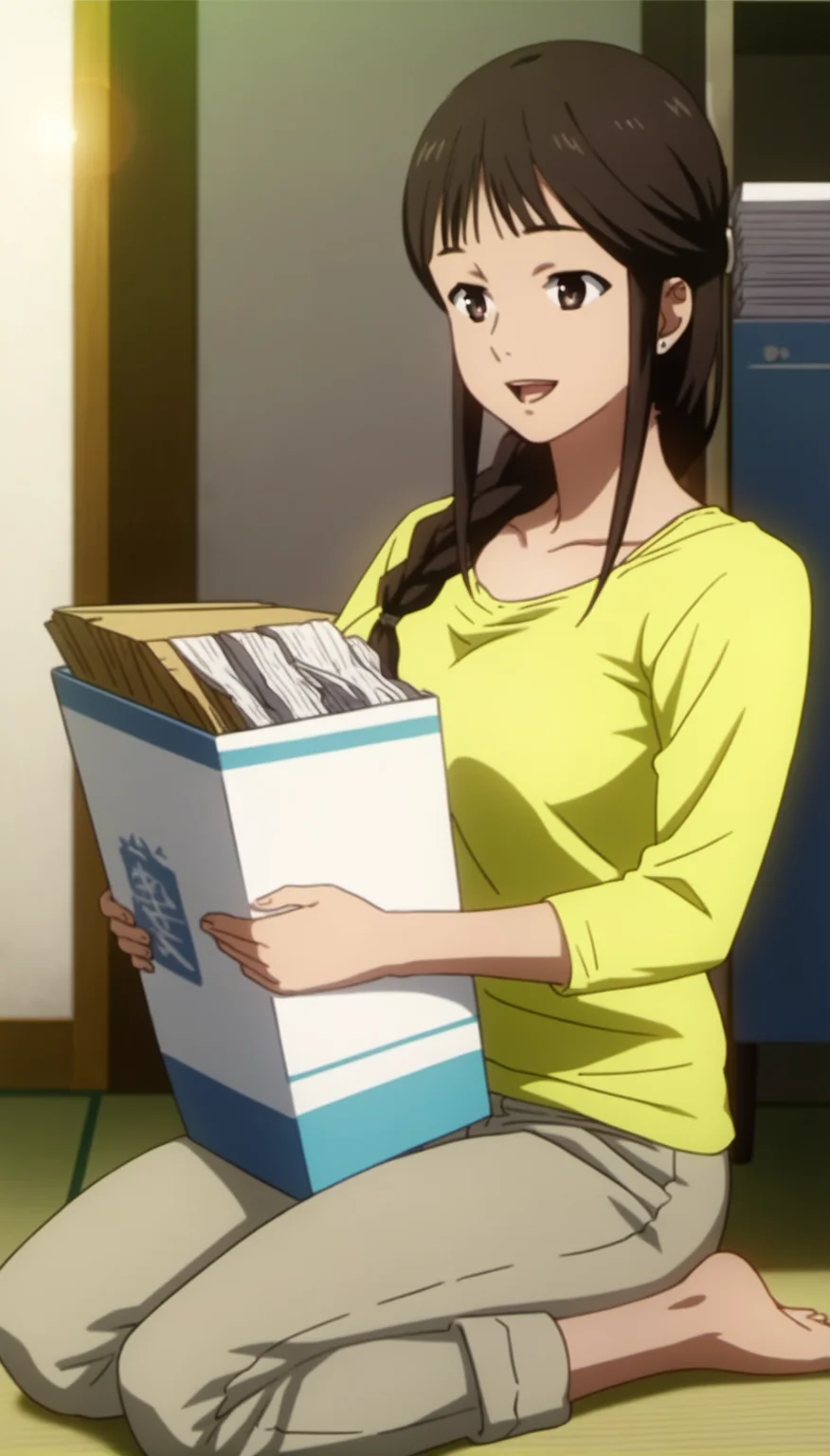 score_9,score_8_up,score_7_up,
<lora:MisatoSegawa:1>,
misato segawa,
1girl,solo,black hair,bangs,braid,brown eyes,open smile,yellow t-shirt,long sleeves,beige pants,barefoot,full body,seiza,sitting,holding a pile of files,
blurry background,bloom,lens flare,vignetting,indoors,