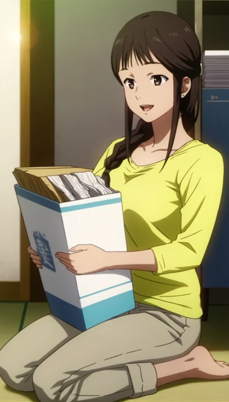 score_9,score_8_up,score_7_up,
<lora:MisatoSegawa:1>,
misato segawa,
1girl,solo,black hair,bangs,braid,brown eyes,open smile,yellow t-shirt,long sleeves,beige pants,barefoot,full body,seiza,sitting,holding a pile of files,
blurry background,bloom,lens flare,vignetting,indoors,
