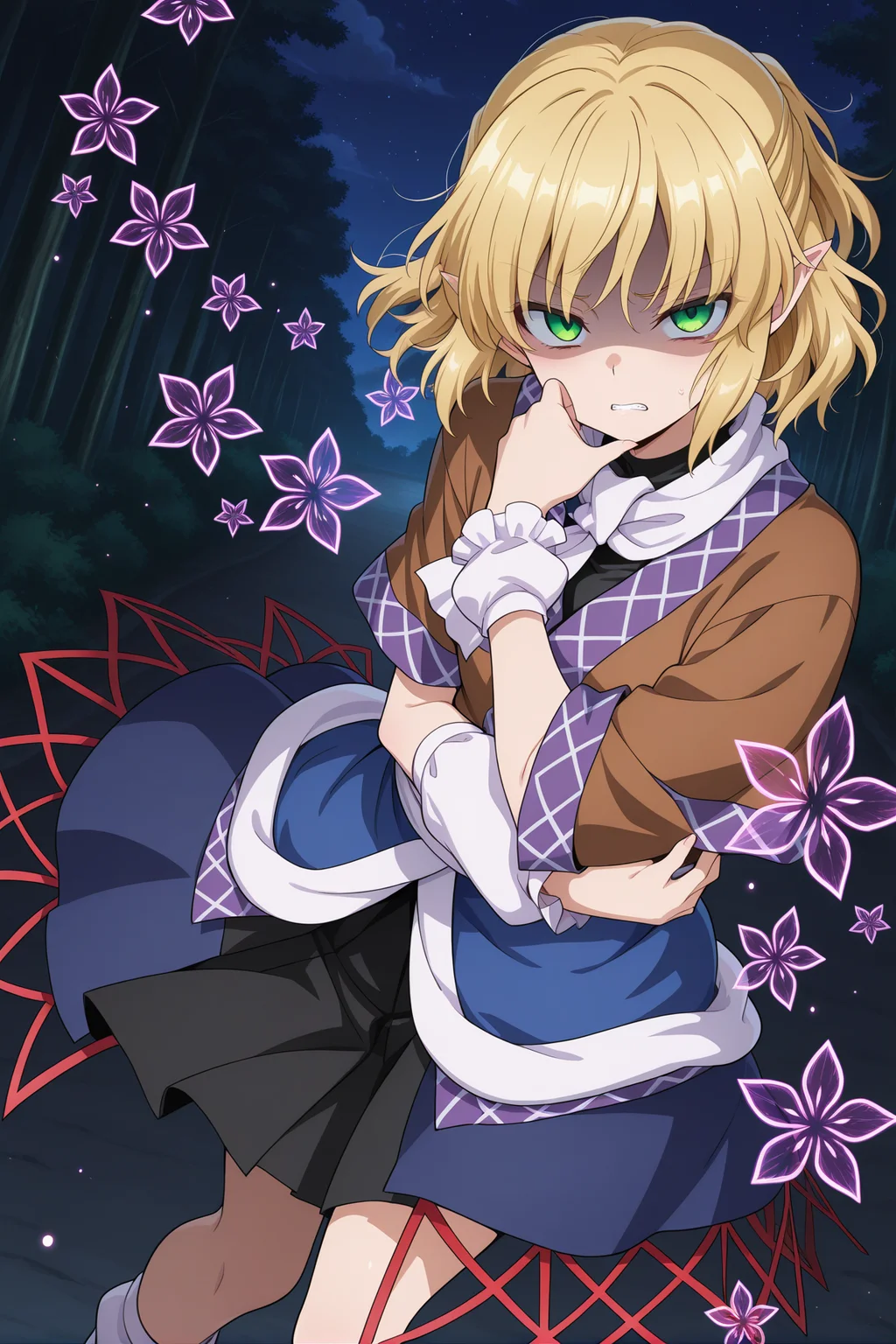 absurdres, highres, masterpiece, best quality, amazing quality, official anime artwork, screencap, anime screencap, outdoors, looking at viewer, dynamic pose,
<lora:Parsee-Mizuhashi_Illustrious:1> mizuhashi parsee, 1girl, solo, green eyes, blonde hair, short hair, pointy ears,, brown shirt, short sleeves, white scarf, blue skirt, white arm warmers, jealous, hidden eye, , teeth, disgust, shaded face, night, star, light particle,