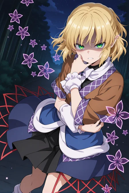absurdres, highres, masterpiece, best quality, amazing quality, official anime artwork, screencap, anime screencap, outdoors, looking at viewer, dynamic pose,
<lora:Parsee-Mizuhashi_Illustrious:1> mizuhashi parsee, 1girl, solo, green eyes, blonde hair, short hair, pointy ears,, brown shirt, short sleeves, white scarf, blue skirt, white arm warmers, jealous, hidden eye, , teeth, disgust, shaded face, night, star, light particle,