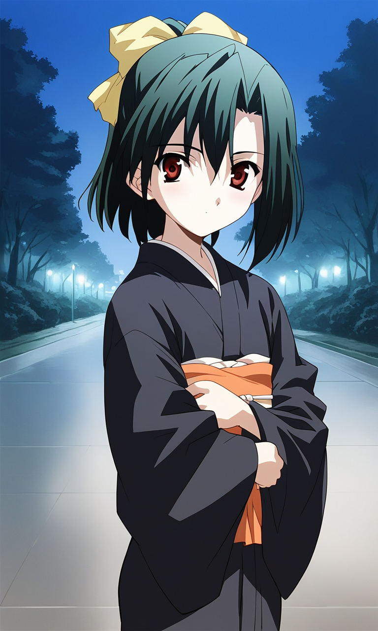 score_9, score_8_up, score_7_up, source_anime, rating_explicit, BREAK  <lora:Kiyoura_Setsuna_XL:0.9> Kiyoura_Setsuna, black hair, green hair, short hair, Yellow ribbon, ponytail, red eyes, hair ribbon, flat chest,hair
1girl, black kimono, japanese clothes, 
looking at viewer, long sleeves, bow, standing,
cowboy_Shot,
night, park,