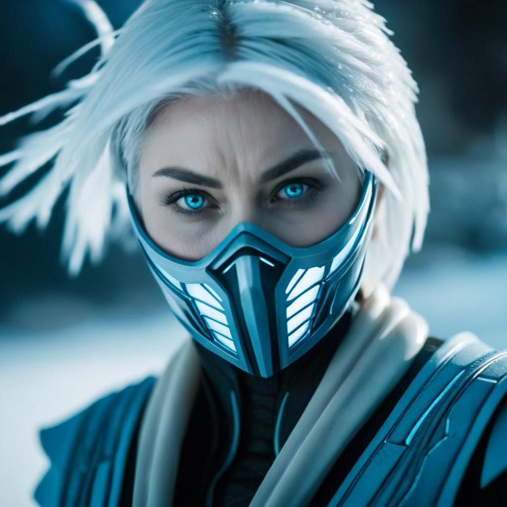 cinematic film still of  <lora:Frost Mortal Kombat:1>
Frost Mortal Kombat a pale white cold skin woman with an ice frost hair and frost eyes with cold hair and a futuristic ninja mask, shallow depth of field, vignette, highly detailed, high budget, bokeh, cinemascope, moody, epic, gorgeous, film grain, grainy