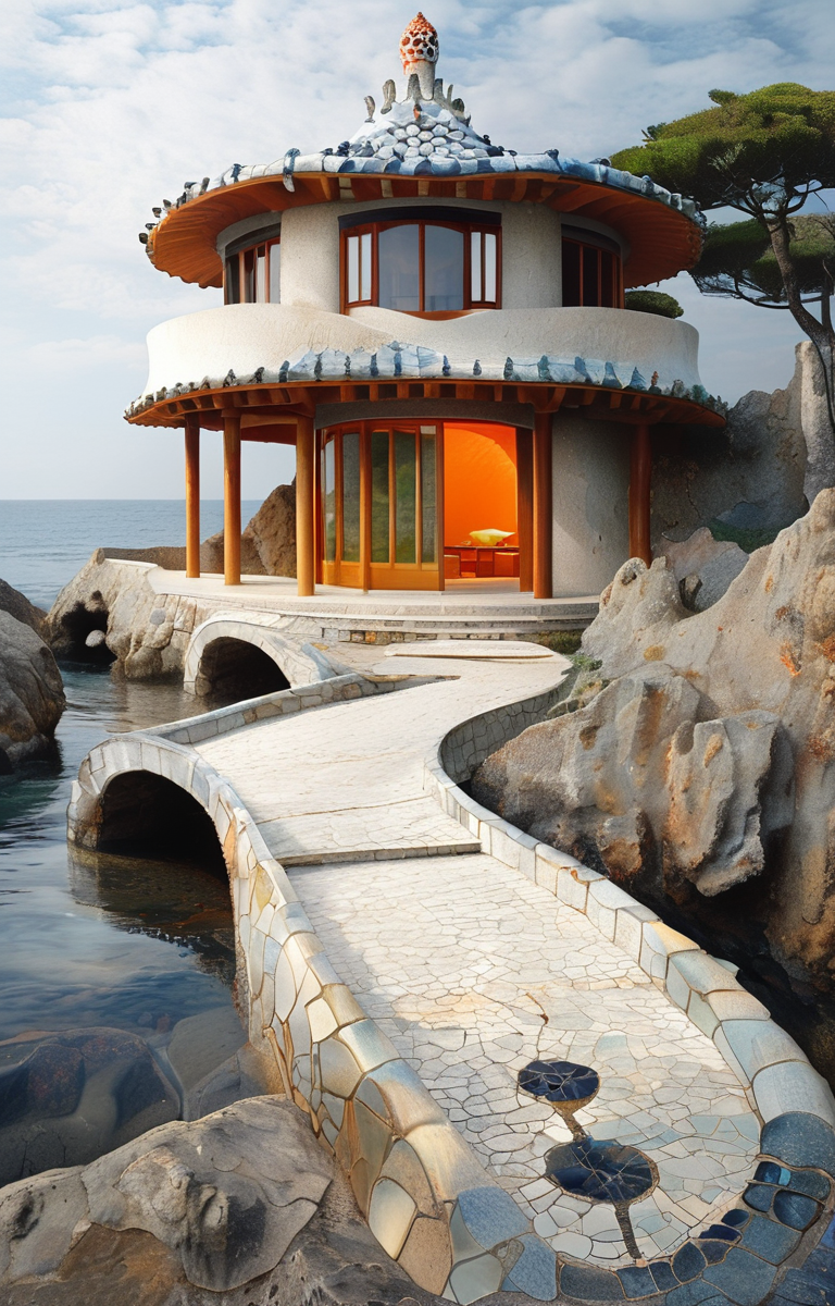 masterpiece,best quality,<lora:tbh305-sdxl:0.9>,illustration,designed by Antoni Gaudi Minimalist Japanese-inspired tea house by the sea, evoking the style of Tadao Ando
