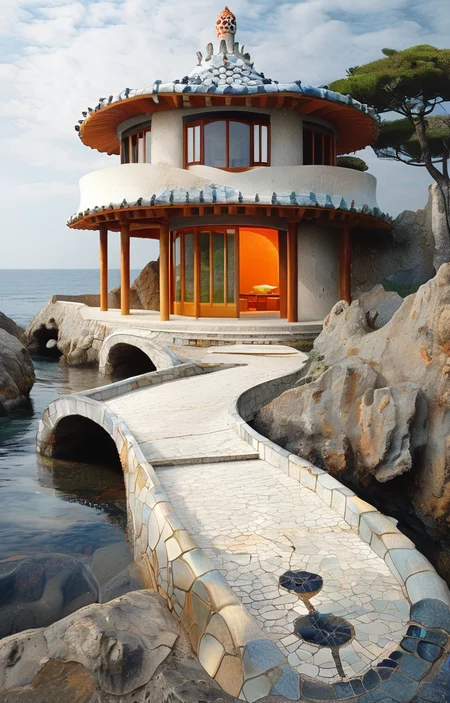 masterpiece,best quality,<lora:tbh305-sdxl:0.9>,illustration,designed by Antoni Gaudi Minimalist Japanese-inspired tea house by the sea, evoking the style of Tadao Ando