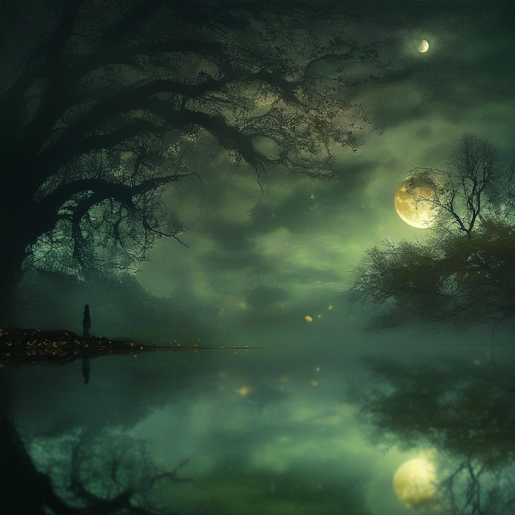 ArsGreenMistWorld, tree, moon, sky, flower, solo, star (sky), reflection, 1girl, scenery, outdoors, starry sky, leaf, full moon, night, brown hair, water, autumn leaves, 1boy, autumn