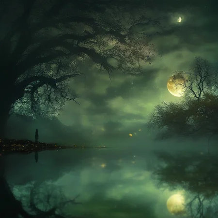ArsGreenMistWorld, tree, moon, sky, flower, solo, star (sky), reflection, 1girl, scenery, outdoors, starry sky, leaf, full moon, night, brown hair, water, autumn leaves, 1boy, autumn
