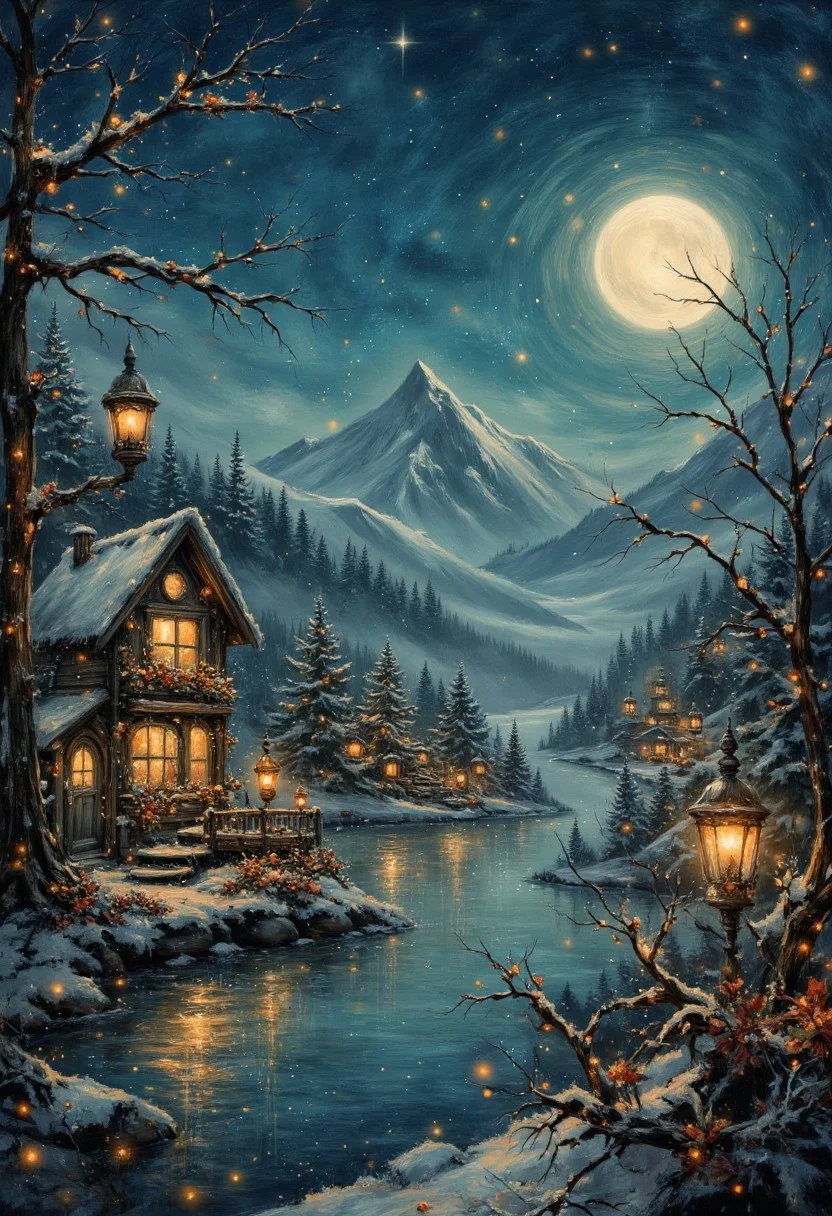 Digital artwork depicting a photography, fantasy village nestled in a mountainous landscape under a starry night sky. The scene is illuminated by warm, glowing lights from the houses, creating a cozy and inviting atmosphere. Snow-capped mountains and a full moon add to the enchanting ambiance. The village is situated along a winding river, with charming, timber-framed houses lining the banks. The image features intricate details, such as twinkling lights and reflections on the water, enhancing the magical feel. The overall color palette is a harmonious blend of deep blues and warm yellows, contributing to the serene and dreamlike quality of the scene. aidmavintagechristmaspaper