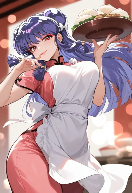 1girl, shampoo /(ranma1/2/), blue hair, Chinese hair buns, red eyes, pink eyeshadow, lips, waitress, apron, solo, looking at viewer, holding food plate with dumplings, dynamic pose, cowboy shot, from below, chinese restaurant, bokeh, depth of field, masterpiece, best quality, happy, joyful, cheeky smirk, perky breasts,
