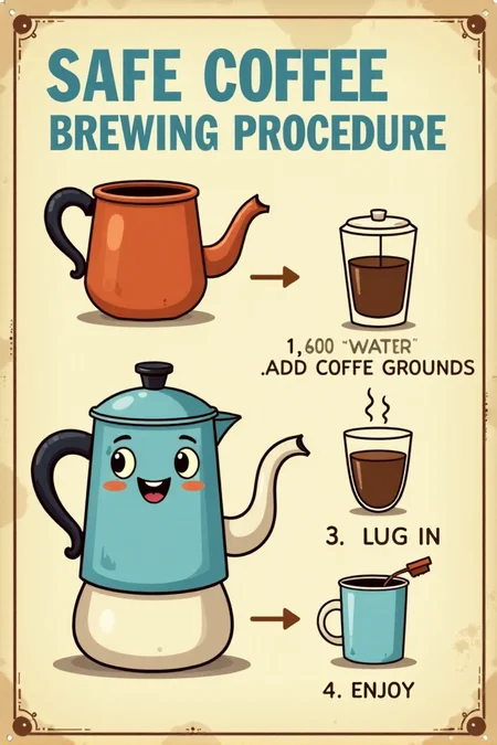 "Visualize a vintage informational safety sign featuring a friendly cartoon coffee pot with a spout that's winking. Next to it are simple step-by-step illustrations showing how to safely operate a vintage percolator: 1. Add Water, 2. Add Coffee Grounds, 3. Plug In, 4. Enjoy! The sign reads in neat blue lettering on a cream background: 'SAFE COFFEE BREWING PROCEDURE.' The cartoon style should be clean and instructional, like a page from an old appliance manual, with clear line drawings and minimal shading. Include small details like arrows pointing to the different parts of the coffee maker. 8k resolution, vintage instructional diagram style, helpful and easy to follow, providing clear instructions for safe coffee preparation." <lora:REMEs_War_Poster_Style:0.95> In REME's War Poster Style,âââ