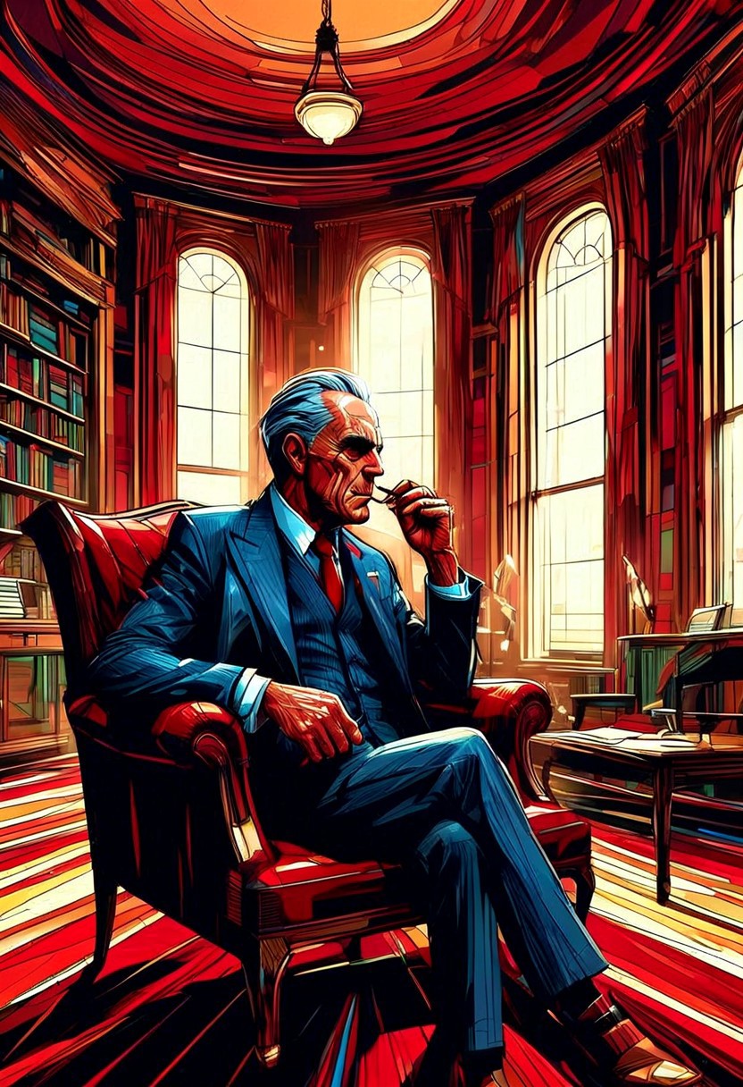 a grim faced elderly man in a three piece suit sits on a chesterfield chair smoking a large cigar with a glass of brandy, gentleman's club, library, red leather, wood paneling, high windows, solo. alone, extreme close up, portrait, dramatic shadow evocative analog film noise,