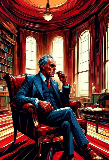 a grim faced elderly man in a three piece suit sits on a chesterfield chair smoking a large cigar with a glass of brandy, gentleman's club, library, red leather, wood paneling, high windows, solo. alone, extreme close up, portrait, dramatic shadow evocative analog film noise,