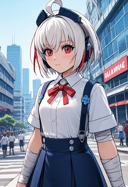 score_4,score_5,score_6,score_7_up,score_8_up,score_9 ((masterpiece,best quality,ultra detailed,highres,HD,4k:1.2)),
Azure Striker Gunvolt(Main),shining highlights,
1girl, solo,solo focus,girl focus,face focus,
Copen(GV),white hair, ahoge, short hair,sidelocks,red eyes,head gear,
tokyo-3 middle school uniform, suspender skirt, blue skirt, ribbon,short sleeves, suspenders, shirt, red ribbon, school uniform, white shirt, neck ribbon,
((bandaged, bandaged arm, ))
outdoor, standing,city,science fiction, blush,