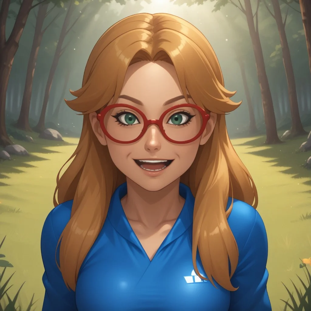 score_9, score_8, BREAK, solo, wii, mii, wii sports, 1girl, female mii, green eyes, dark blonde hair, brown eyebrows, red glasses, open mouth, dark blue clothing, white pants, flip flops, nintendo mii, modern_mii, classic_mii, breasts, ashley_(wii_sports), cute, sexy pose, smile, outdoors, sunlight, shadows, evening lighting, natural lighting, forest, trees, grass, orange sky, sunset