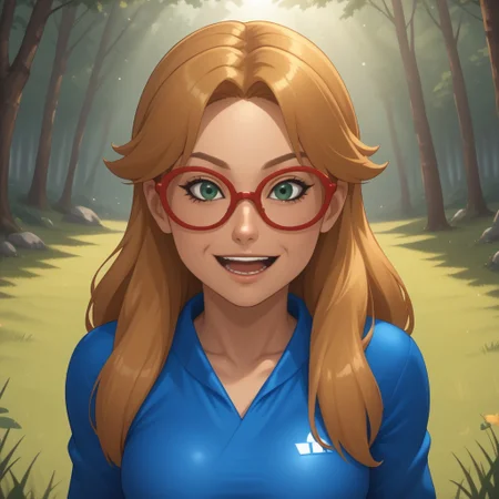 score_9, score_8, BREAK, solo, wii, mii, wii sports, 1girl, female mii, green eyes, dark blonde hair, brown eyebrows, red glasses, open mouth, dark blue clothing, white pants, flip flops, nintendo mii, modern_mii, classic_mii, breasts, ashley_(wii_sports), cute, sexy pose, smile, outdoors, sunlight, shadows, evening lighting, natural lighting, forest, trees, grass, orange sky, sunset